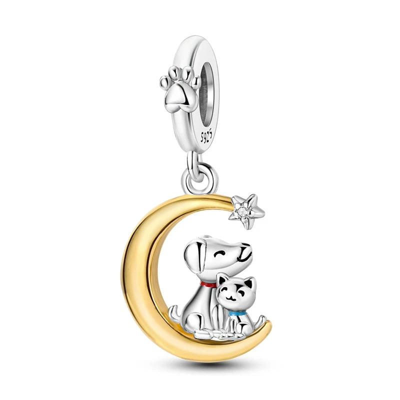 Original 925 Sterling Silver Gold Series DIY Charms Beads Inlaid Zirconium Sun Leopard Pendants Fit Bracelet DIY Jewelry Making