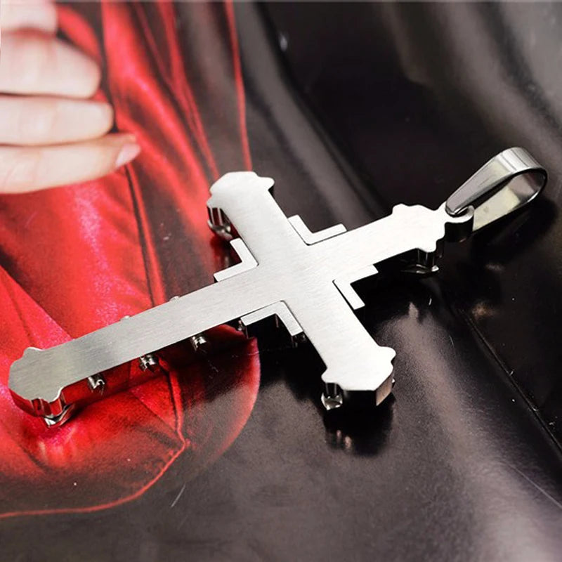 Men’s Stainless Steel Cross Pendant Necklace – CZ Accent, Punk Streetwear Style