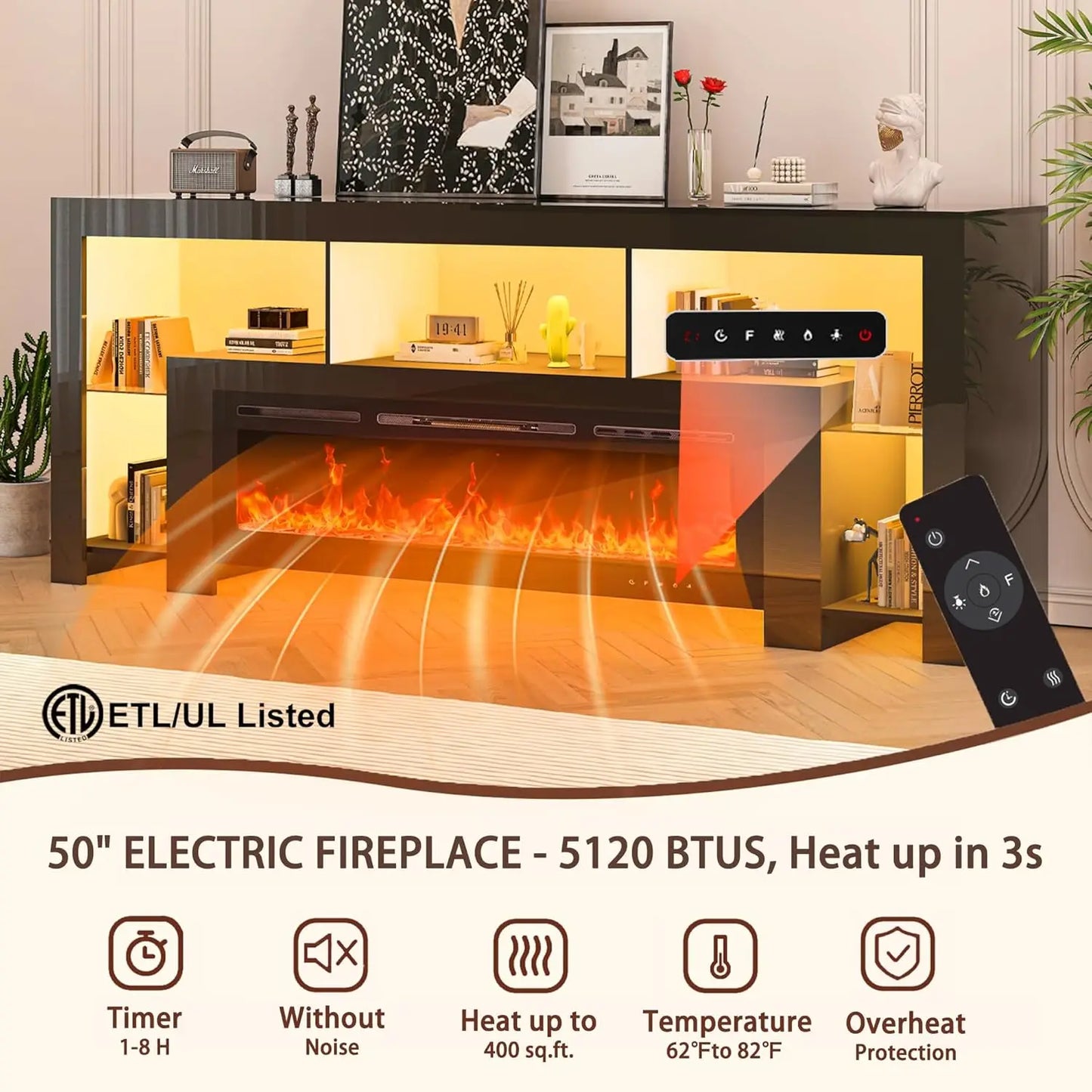 94.5" Fireplace TV Stand with Electric Fireplace & LED Lighting