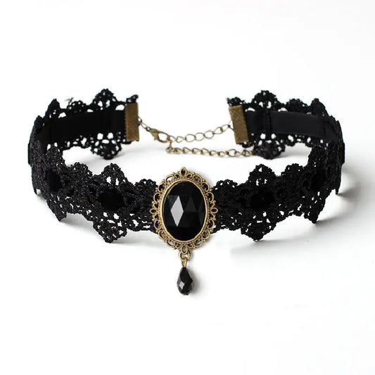 1PC Halloween Black Lace Necklace Vintage Court Gothic Personalized Black Gemstone Suitable for Party and Festival Gifts-802144