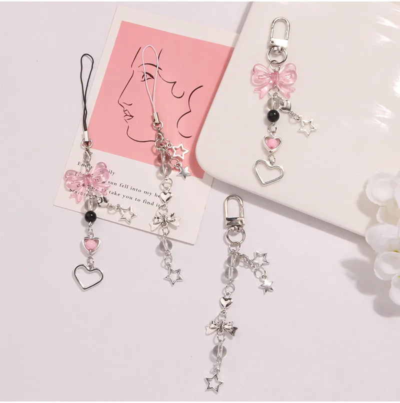 Goth Phone Charm Bow Heart Star Keychain Pendant PLR Kawaii Key Chain Bag Phone Chain Cute Accessory For Girls Women Jewelry