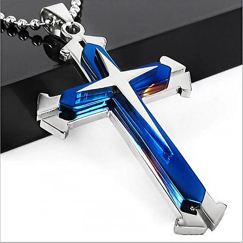 Men’s Stainless Steel Cross Pendant Necklace – CZ Accent, Punk Streetwear Style