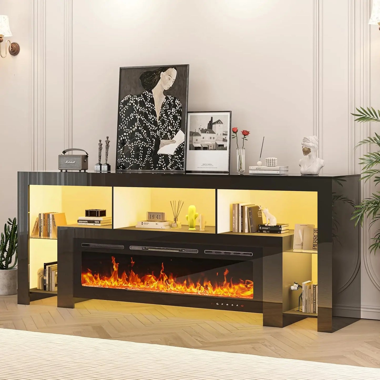 94.5" Fireplace TV Stand with Electric Fireplace & LED Lighting