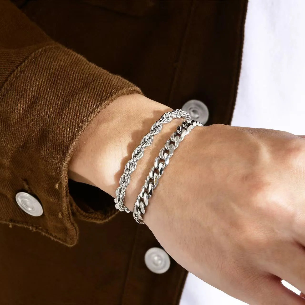 Men’s Stainless Steel Chain Bracelet Set (2pcs) – Cuban Link & Twisted Rope
