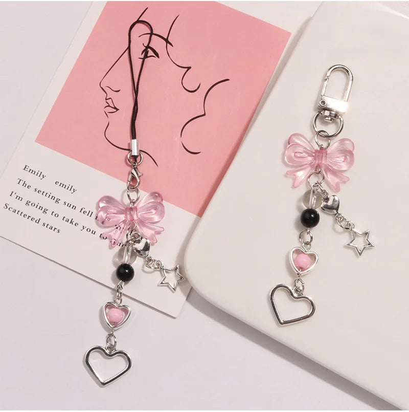 Goth Phone Charm Bow Heart Star Keychain Pendant PLR Kawaii Key Chain Bag Phone Chain Cute Accessory For Girls Women Jewelry