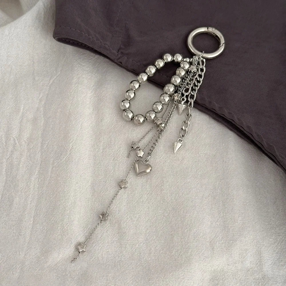 Fashion Metal Pearl Beaded Keychain Peach Heart Shape Tassel Decoration Bead Bag Chain Pendant Jewelry Bag Accessories