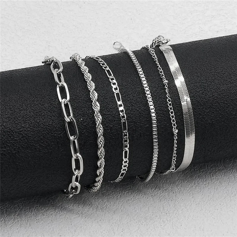 6Pcs/Set Bohemian Multi-layer Thin Chain Bracelets for Women Minimalist Gold Color Metal Bangles Summer Y2K Jewelry Accessories