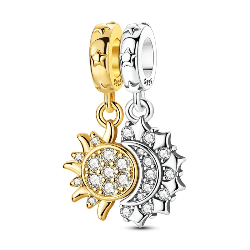Original 925 Sterling Silver Gold Series DIY Charms Beads Inlaid Zirconium Sun Leopard Pendants Fit Bracelet DIY Jewelry Making
