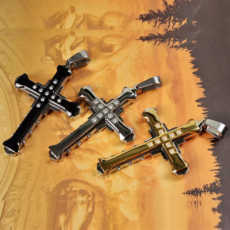 Men’s Stainless Steel Cross Pendant Necklace – CZ Accent, Punk Streetwear Style