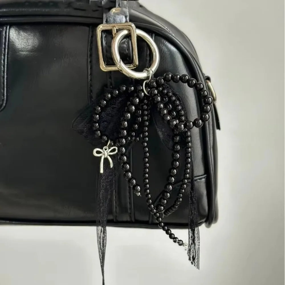 Fashion Metal Pearl Beaded Keychain Peach Heart Shape Tassel Decoration Bead Bag Chain Pendant Jewelry Bag Accessories