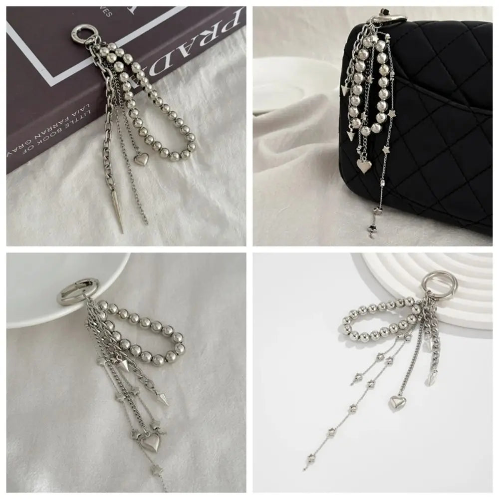 Fashion Metal Pearl Beaded Keychain Peach Heart Shape Tassel Decoration Bead Bag Chain Pendant Jewelry Bag Accessories