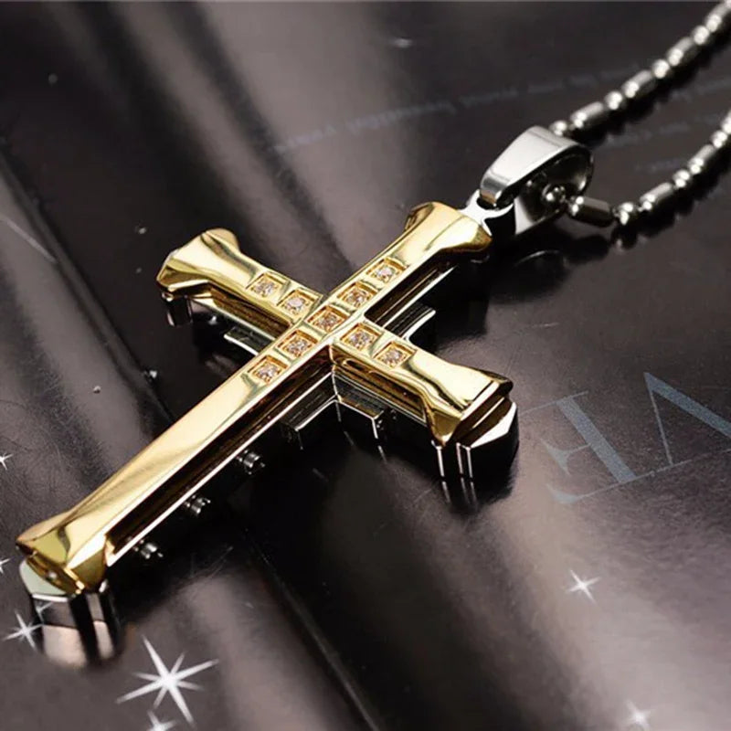 Men’s Stainless Steel Cross Pendant Necklace – CZ Accent, Punk Streetwear Style