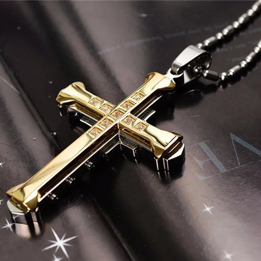 Men’s Stainless Steel Cross Pendant Necklace – CZ Accent, Punk Streetwear Style