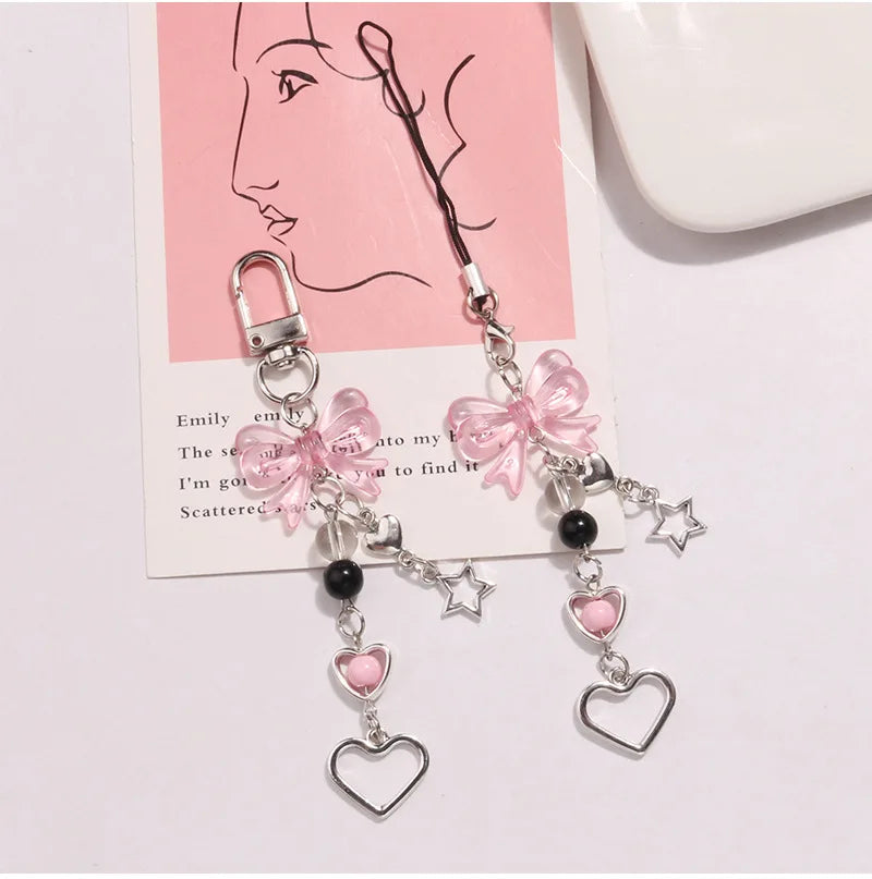 Goth Phone Charm Bow Heart Star Keychain Pendant PLR Kawaii Key Chain Bag Phone Chain Cute Accessory For Girls Women Jewelry