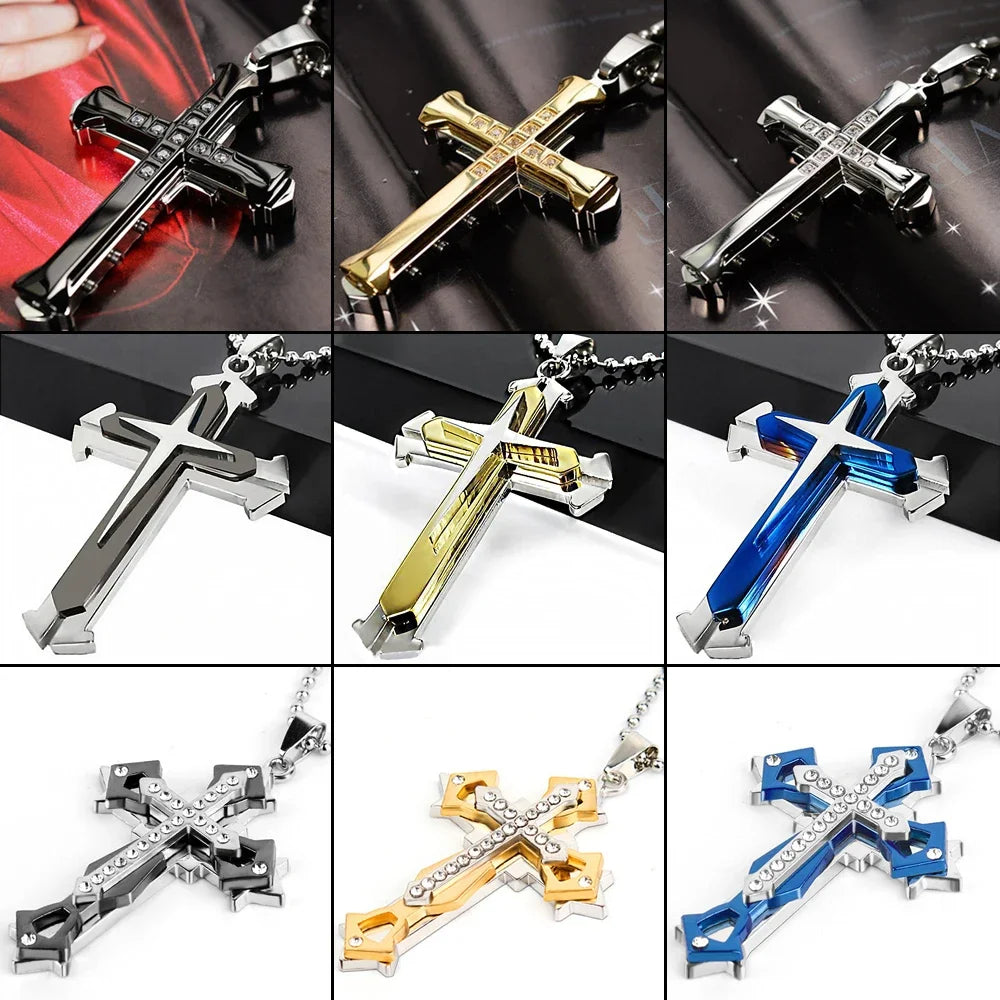 Men’s Stainless Steel Cross Pendant Necklace – CZ Accent, Punk Streetwear Style