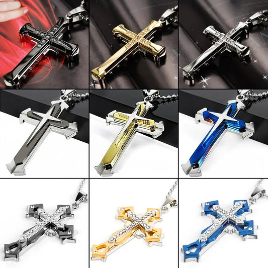 Men’s Stainless Steel Cross Pendant Necklace – CZ Accent, Punk Streetwear Style