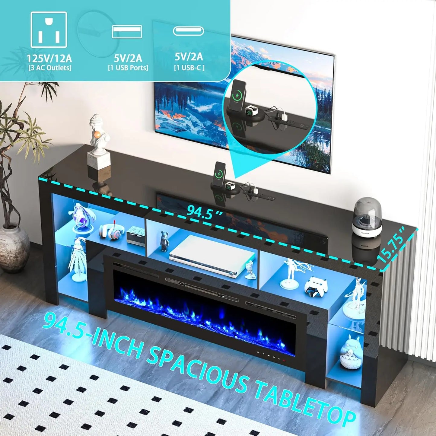 94.5" Fireplace TV Stand with Electric Fireplace & LED Lighting