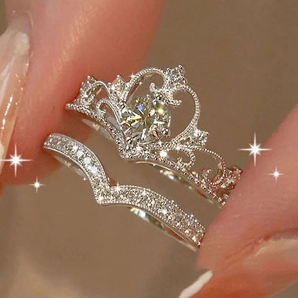 2PCS Fairy Sparkling Crown Rings for Women & Teens, Adjustable Crystal Korean Party Queen Ring Set